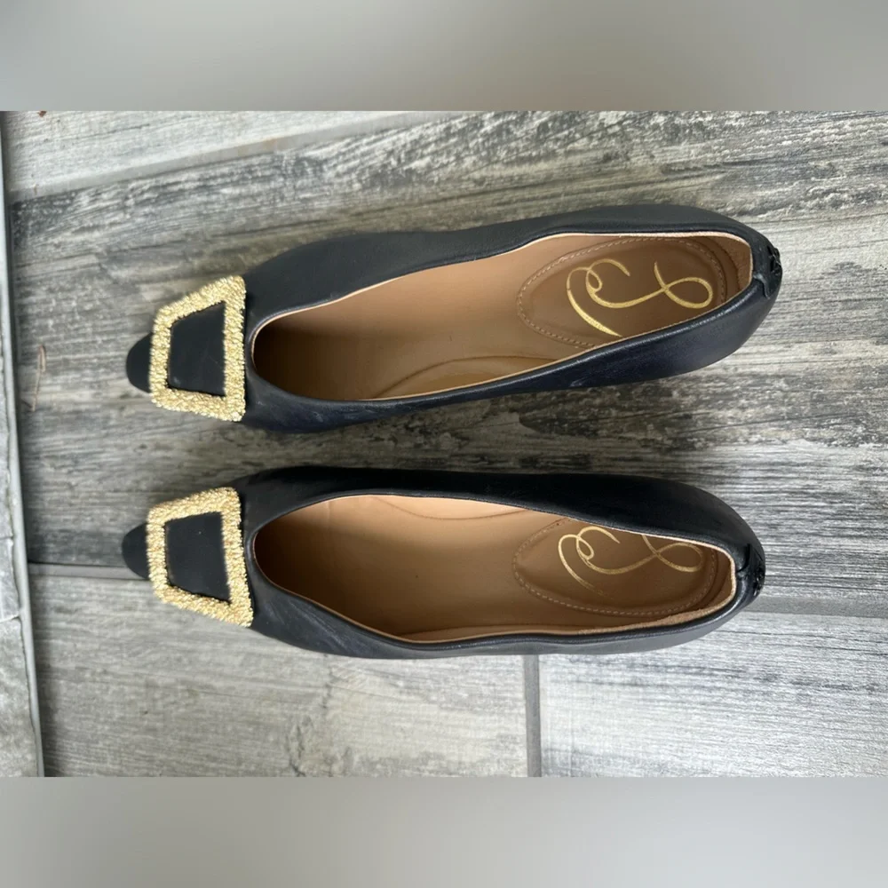 SAM EDELMAN x ANTHROPOLOGIE Janina Leather Pointed Toe Flat Gold Buckle Sz 10 - Picture 9 of 13
